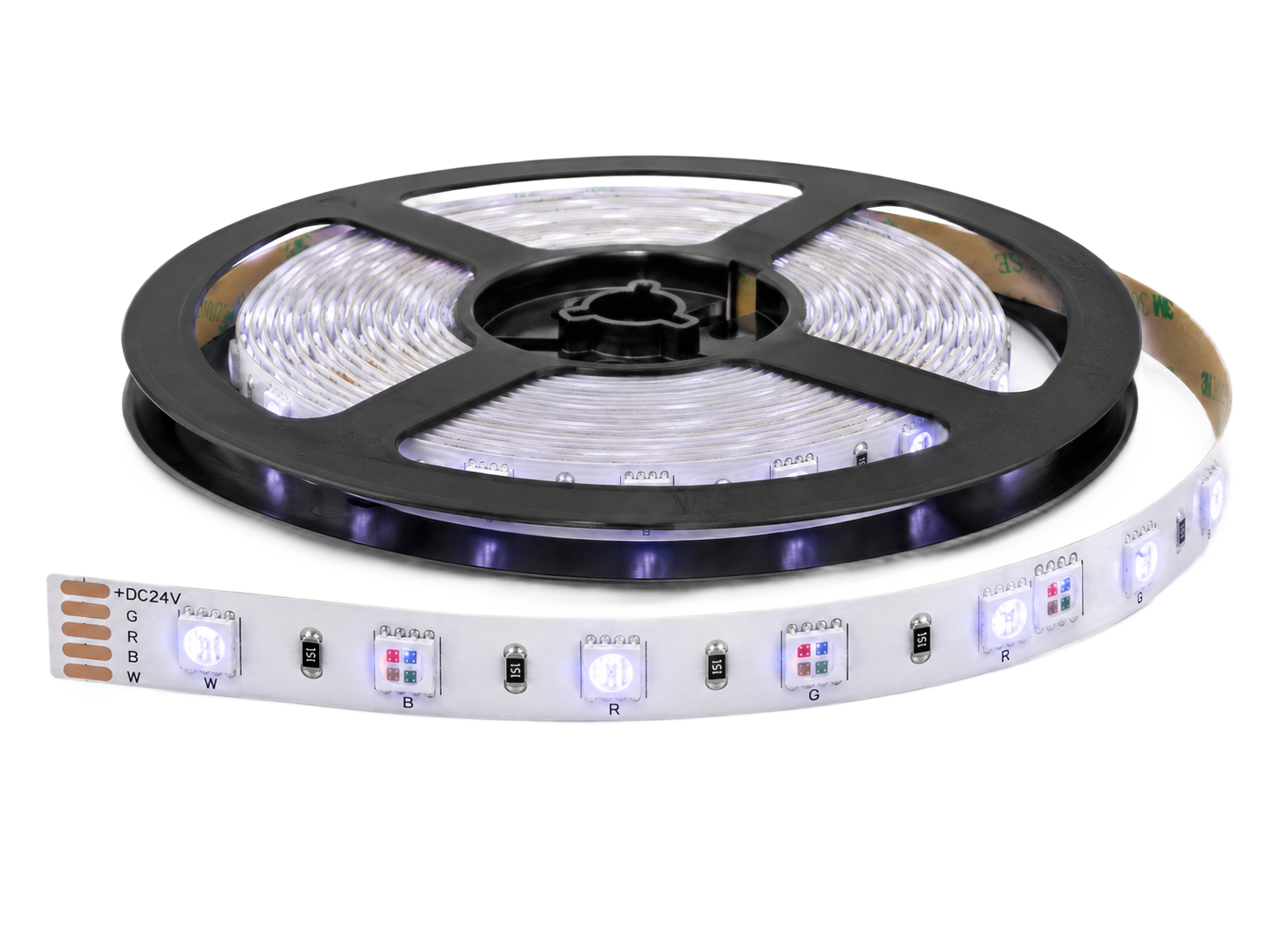 RGBW LED pásek 4v1 na cívce se svítícími barevnými a bílými diodami
